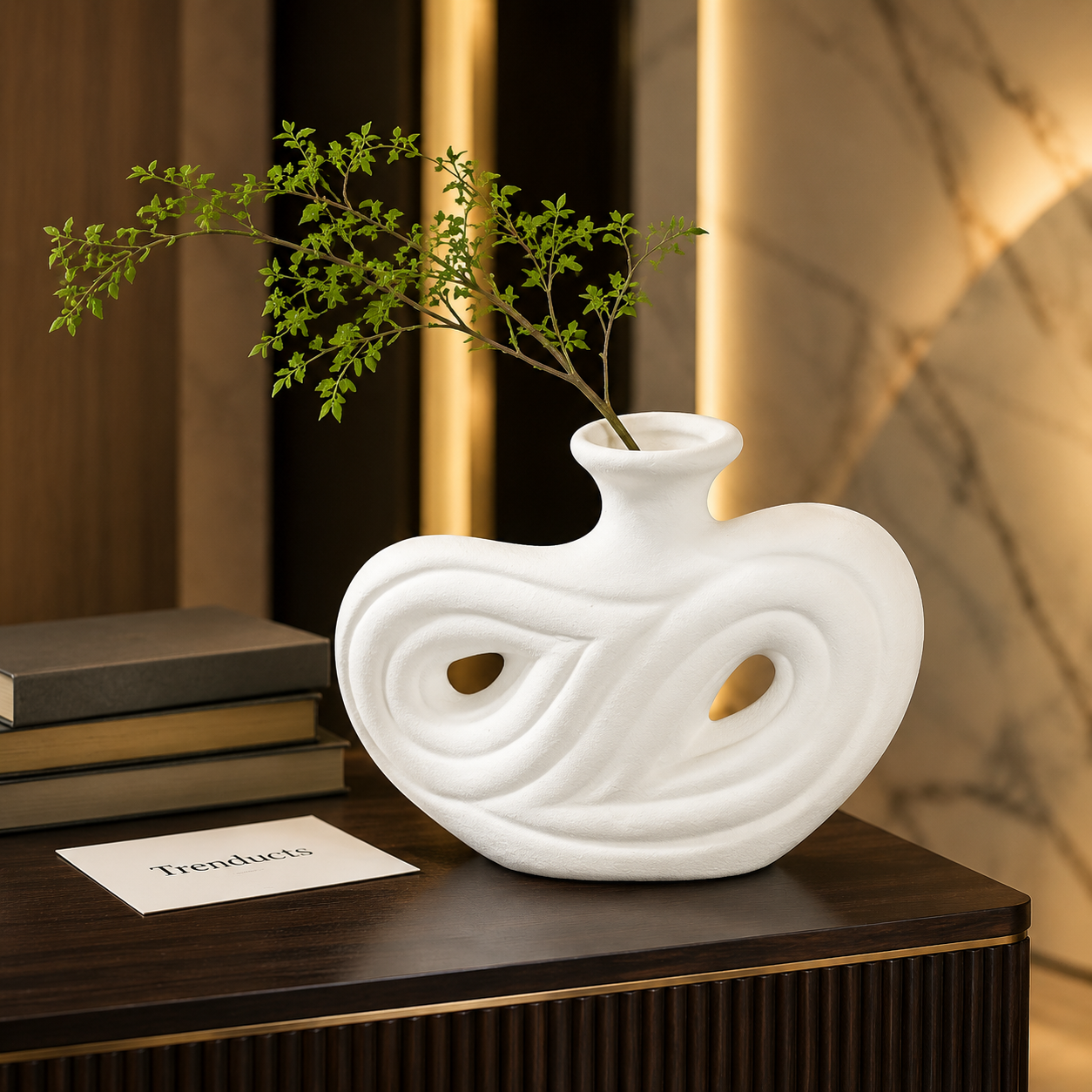 Double-Wave Sculptural White Ceramic Vase