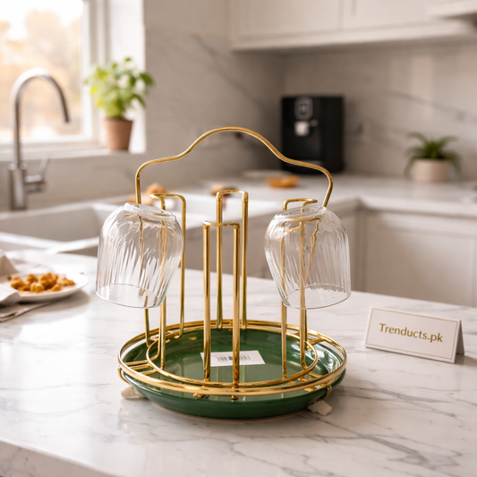 Imperial Glass Stand – Golden Wire Frame with Emerald Drip Tray JS