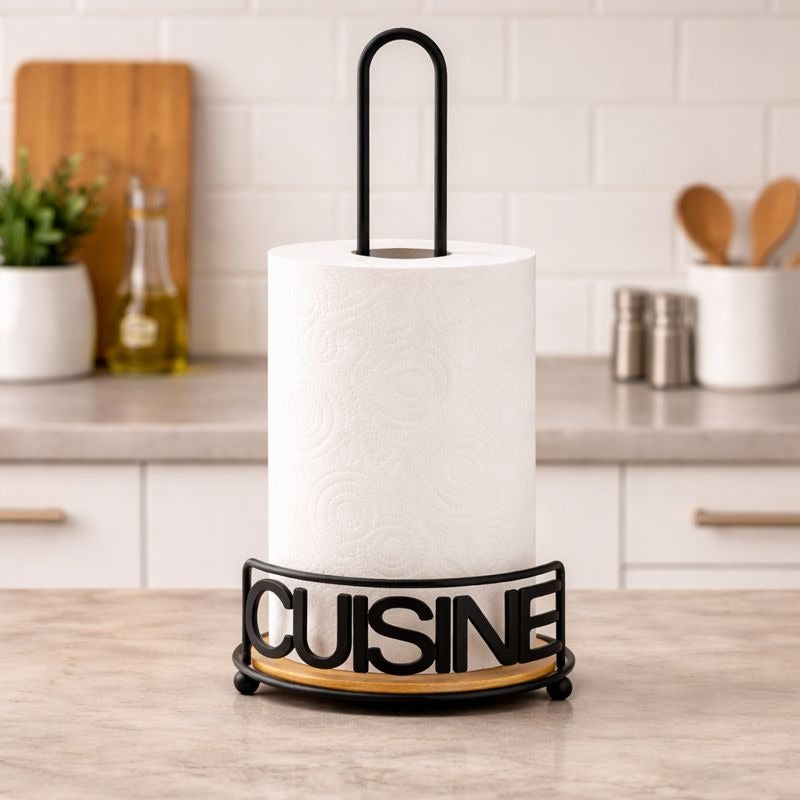 Modern Metallic & Oak Tissue Roll Paper Holder – Architectural Kitchen Organizer