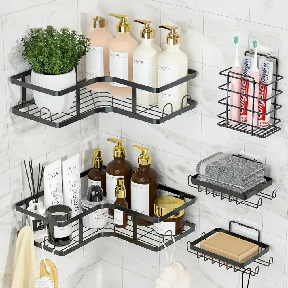 Rustproof 5-Piece Black Bathroom Shelf Set – Wall Mounted - Clarify.pk