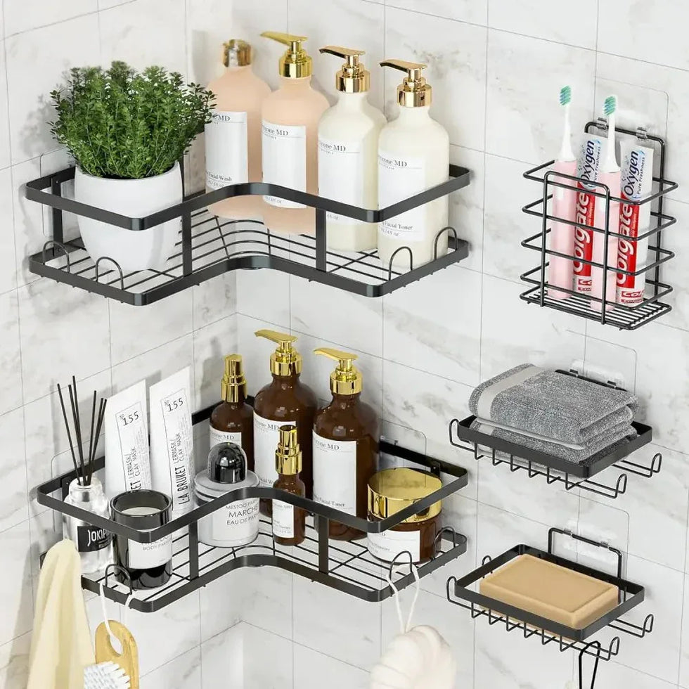 Rustproof 5-Piece Black Bathroom Shelf Set – Wall Mounted - Clarify.pk
