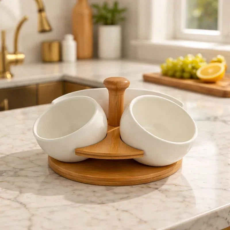 Luxury Ceramic Condiment Bowl Set with Wooden Stand – 4 Pieces - Clarify.pk