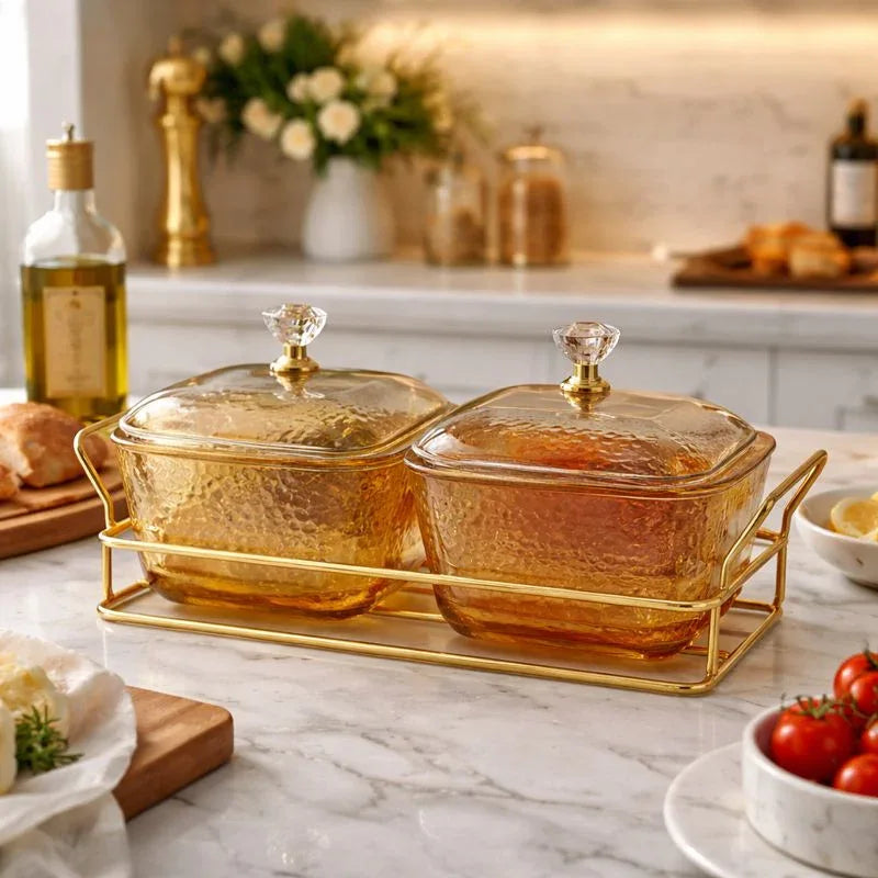 Glass Snack Bowls with Gold Stand – 2 Compartment - Clarify.pk
