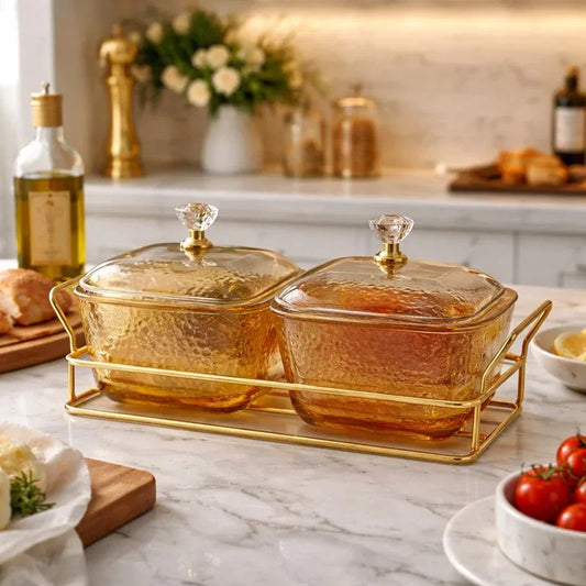 Glass Snack Bowls with Gold Stand – 2 Compartment - Clarify.pk