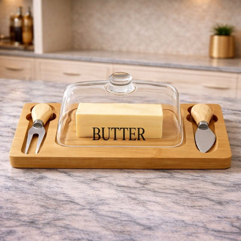 Luxury Glass Butter Dish with Dual Knife Bamboo Base MJ