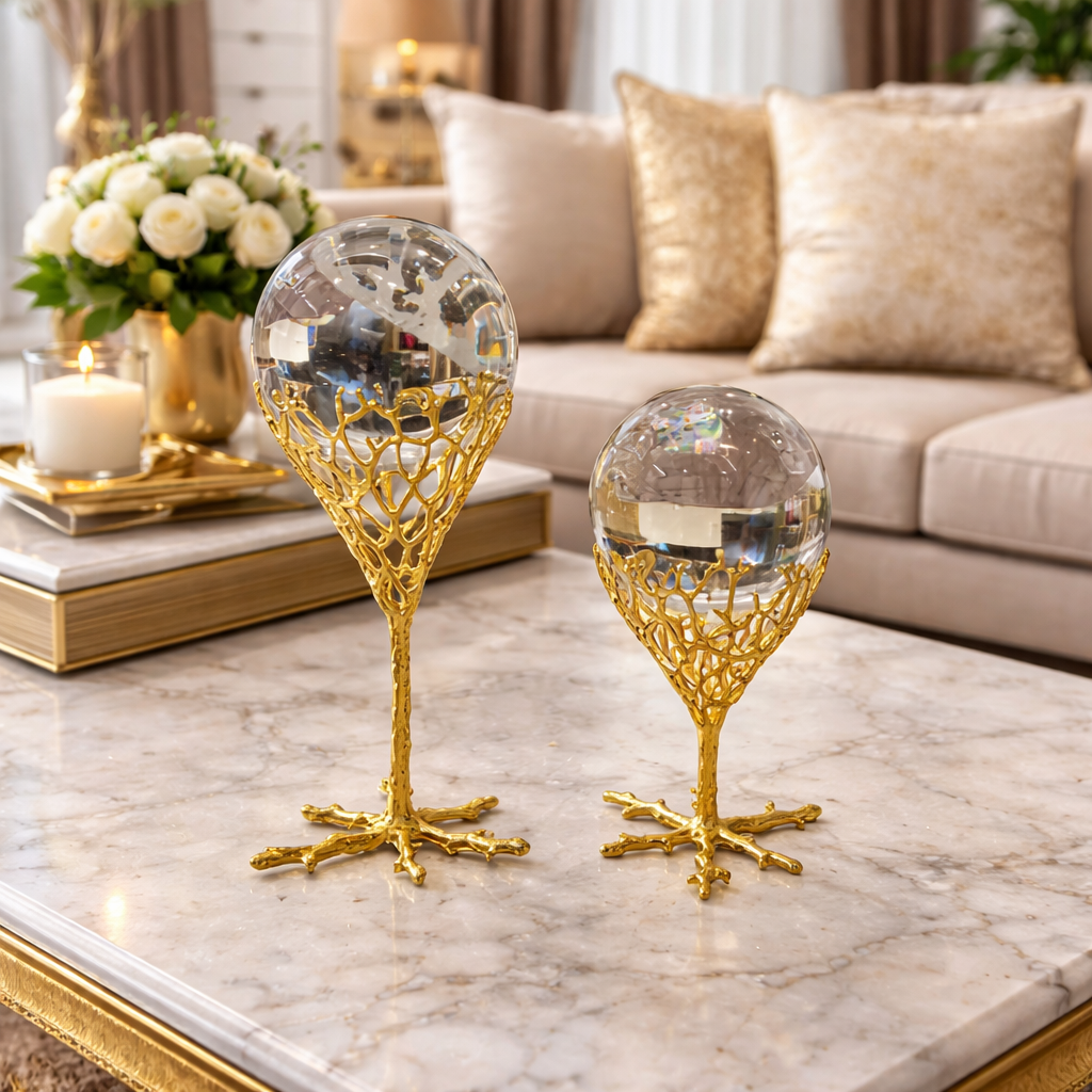 Golden Crystal Ball Showpiece – Luxury Celestial Duo (2pcs) ZZ