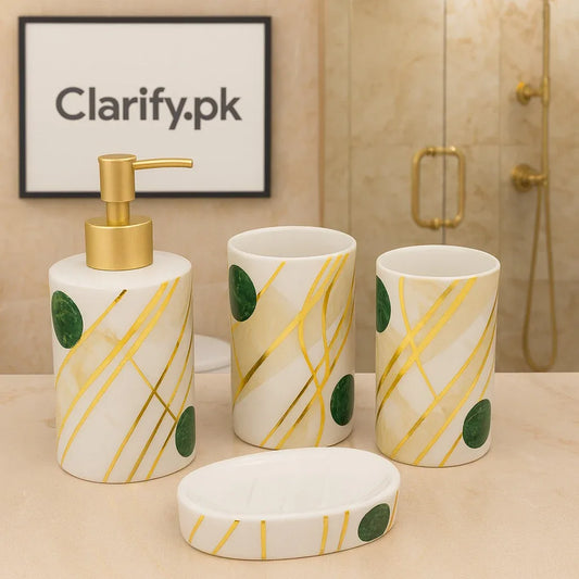 4-Piece White Ceramic Bathroom Set – Gold Lines & Green Accents - Clarify.pk