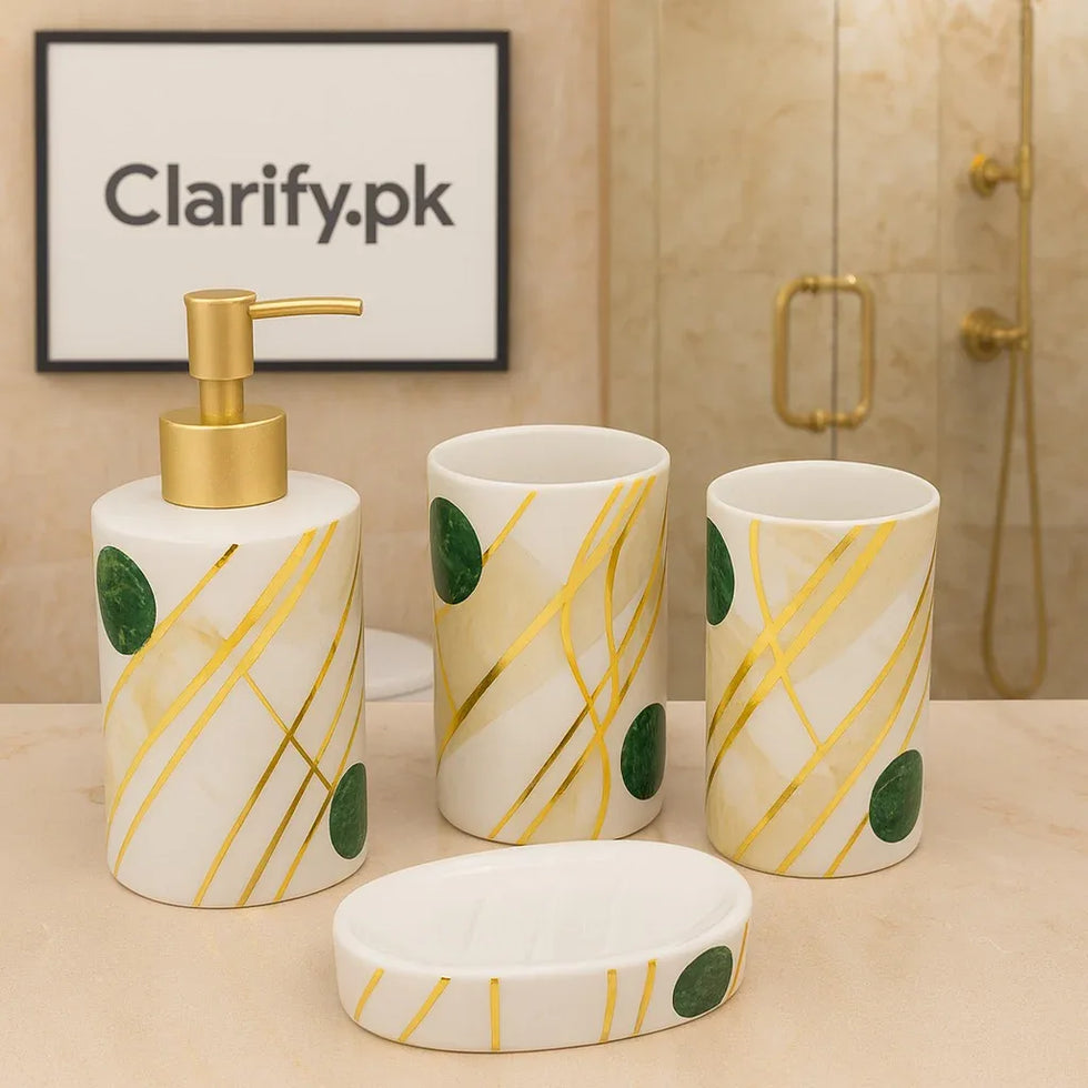 4-Piece White Ceramic Bathroom Set – Gold Lines & Green Accents - Clarify.pk
