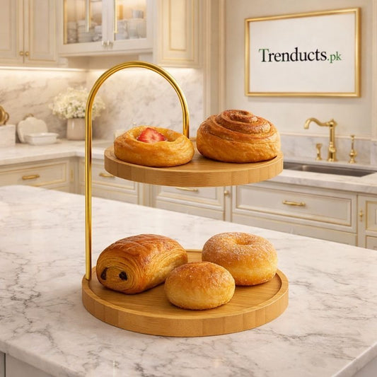 Luxury 2-Tier Bamboo Serving Stand with Gold Metal Handle MJ
