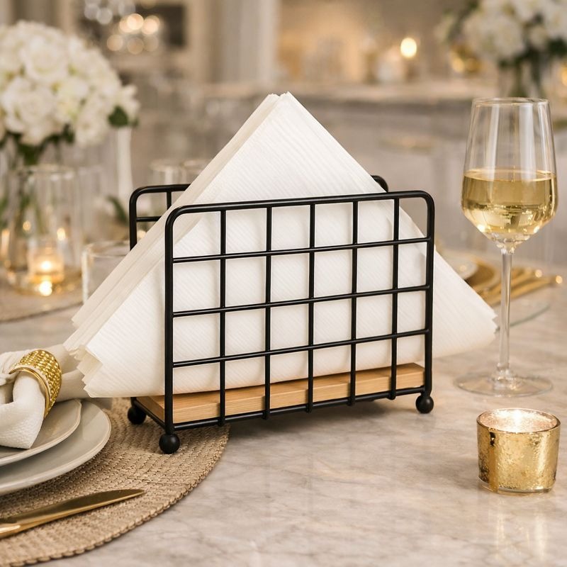 Modern Metallic & Oak Tissue Holder – Geometric Napkin Organizer
