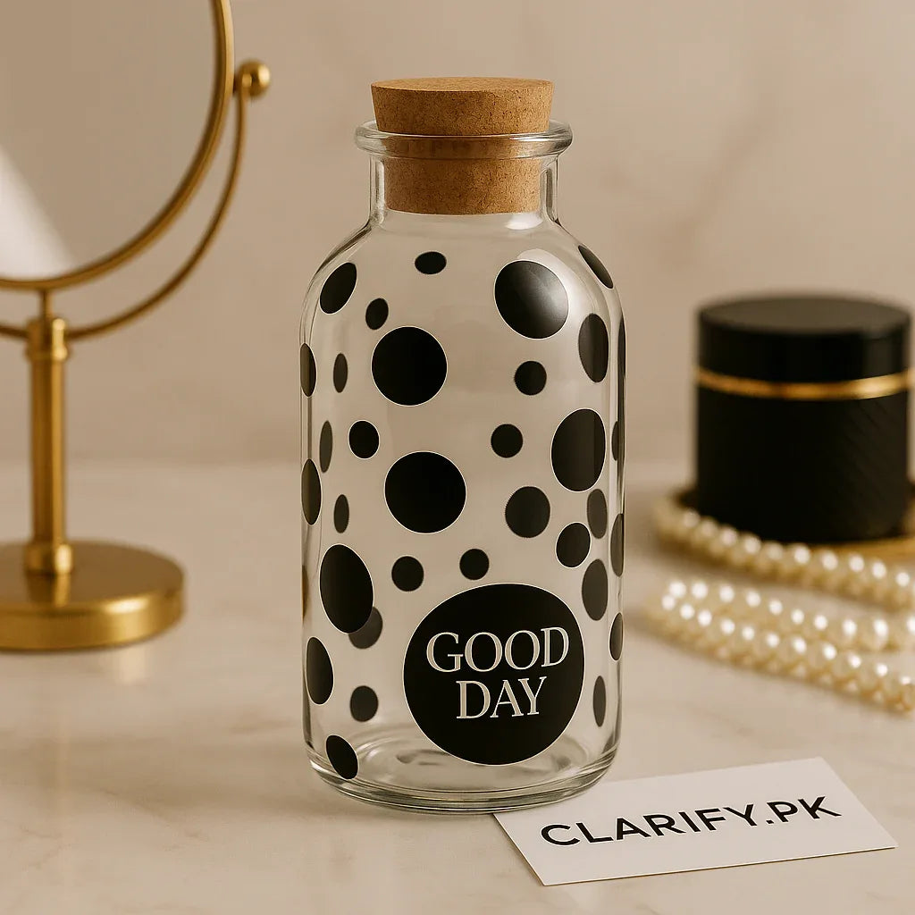 Polka Dot Glass Jar with Cork Top – Stylish Decorative Storage Bottle - Clarify.pk