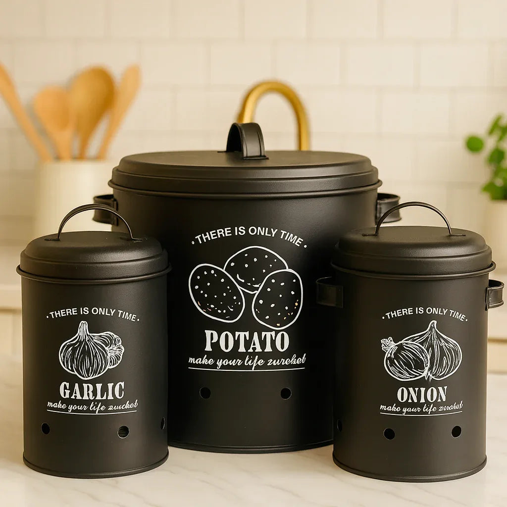 Luxury Black Kitchen Canister Set – Potato, Onion & Garlic - Clarify.pk