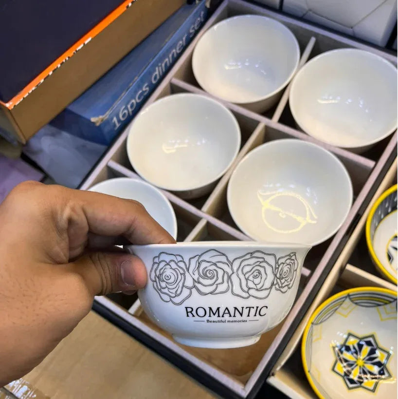 Romantic 6 Pcs Premium Ceramic Bowl Set – White Floral - Clarify.pk