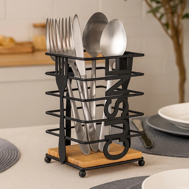 Modern Metallic & Oak Square Spoon Holder – Industrial-Chic Cutlery Organizer MJ