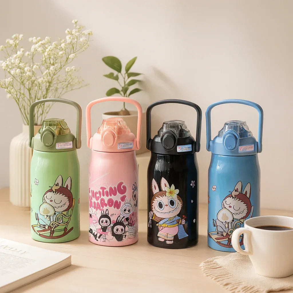 Stylish Cartoon Stainless Steel Water Bottle – Leak-Proof (Random Design) - Clarify.pk