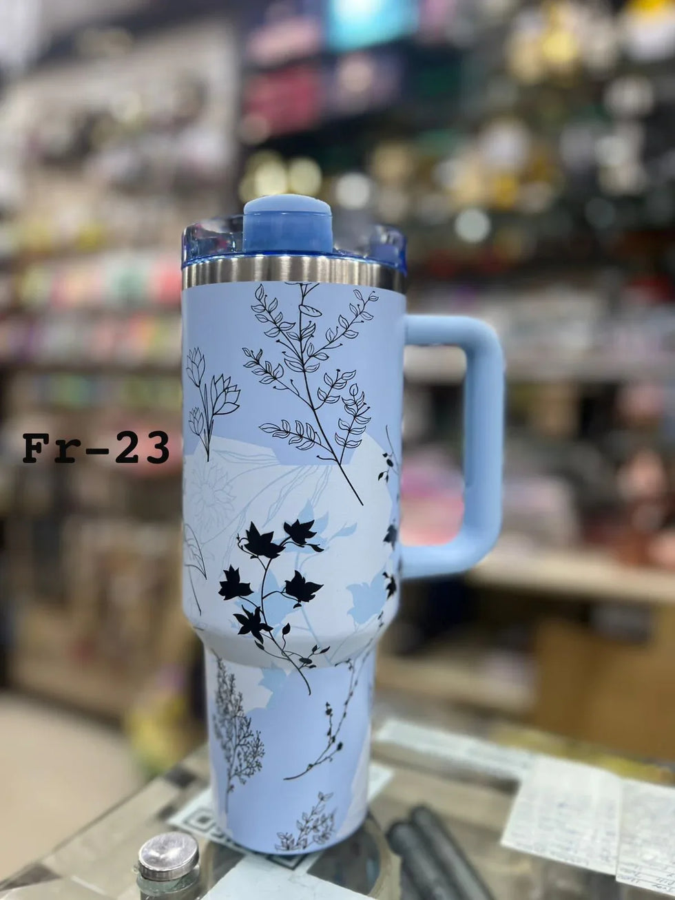 ہینڈل کے ساتھ پریمیم بلیو لیف اسکیچ 40oz ٹمبلر - 1200ml