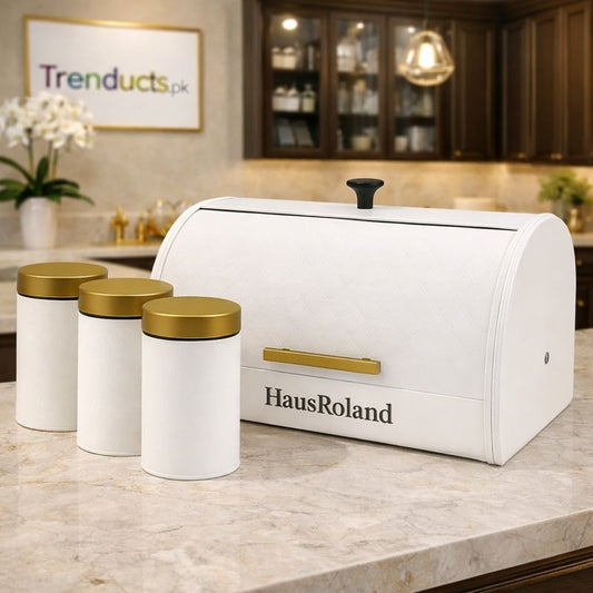 HausRoland Luxe Quilted Bread Bin & Canister Set – White & Gold MJ