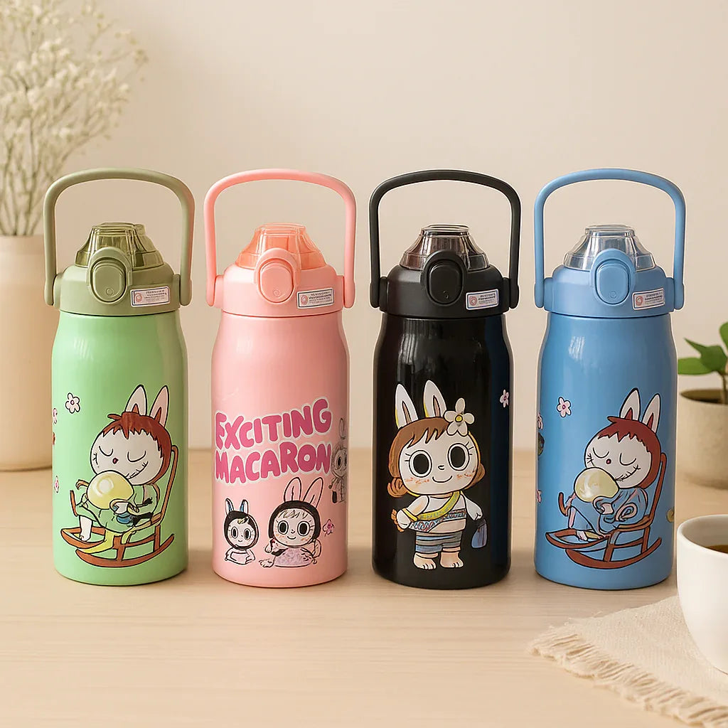 Stylish Cartoon Stainless Steel Water Bottle – Leak-Proof (Random Design) - Clarify.pk