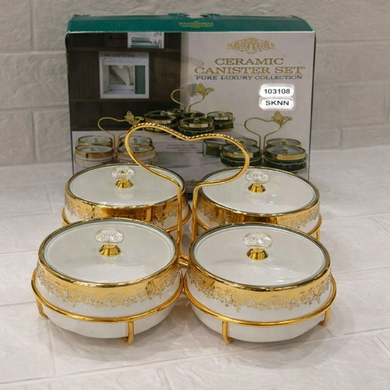 4-Compartment Luxury Gold Canister Set – Ceramic Jars with Heart Stand - Trenducts.pk