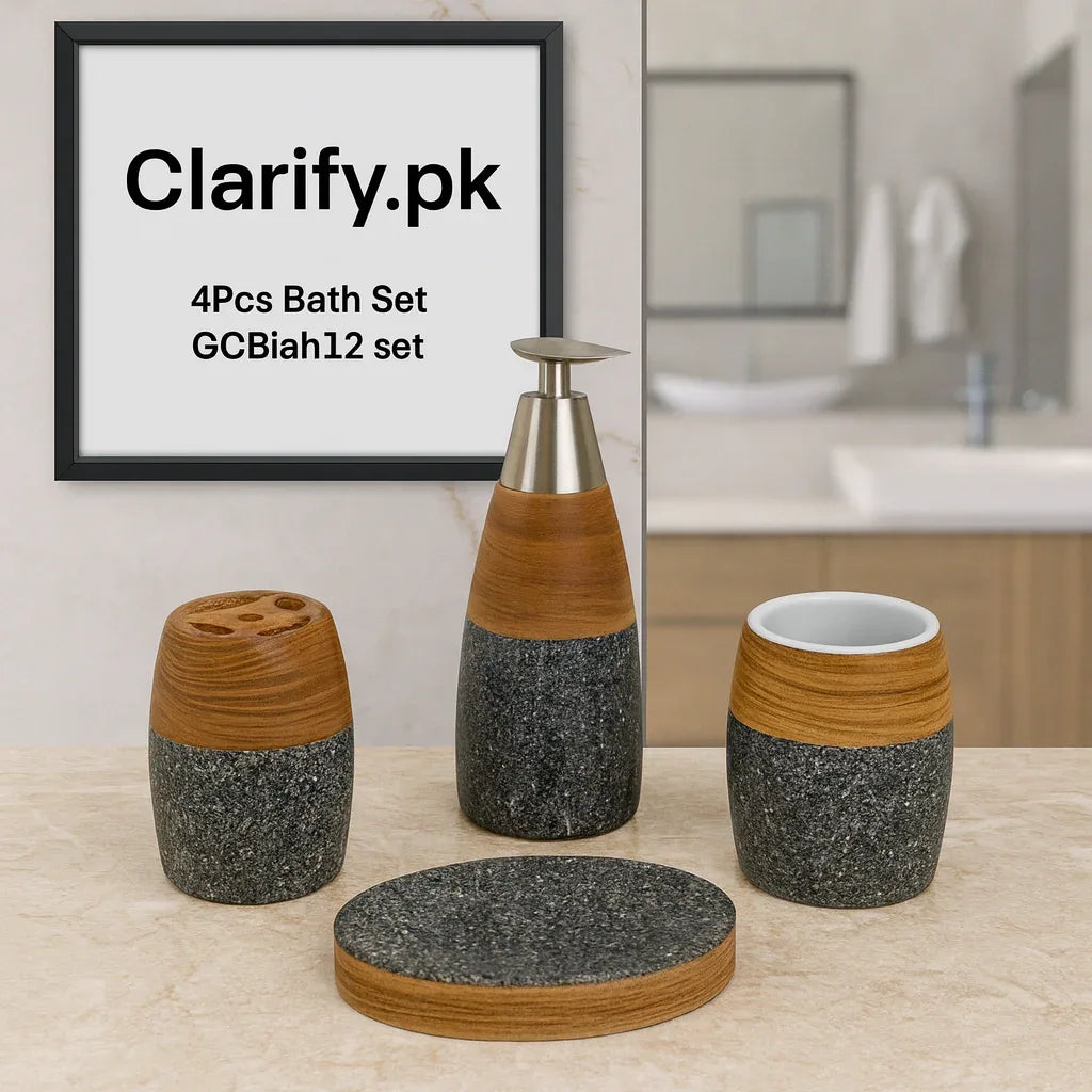 4Pcs Premium Bath Set – Wooden & Stone Finish Bathroom Accessories - Clarify.pk