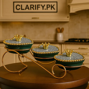 Premium Heart Ceramic Jar Set – Golden Stand with Crown Tops - Clarify.pk