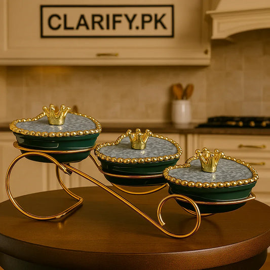 Premium Heart Ceramic Jar Set – Golden Stand with Crown Tops