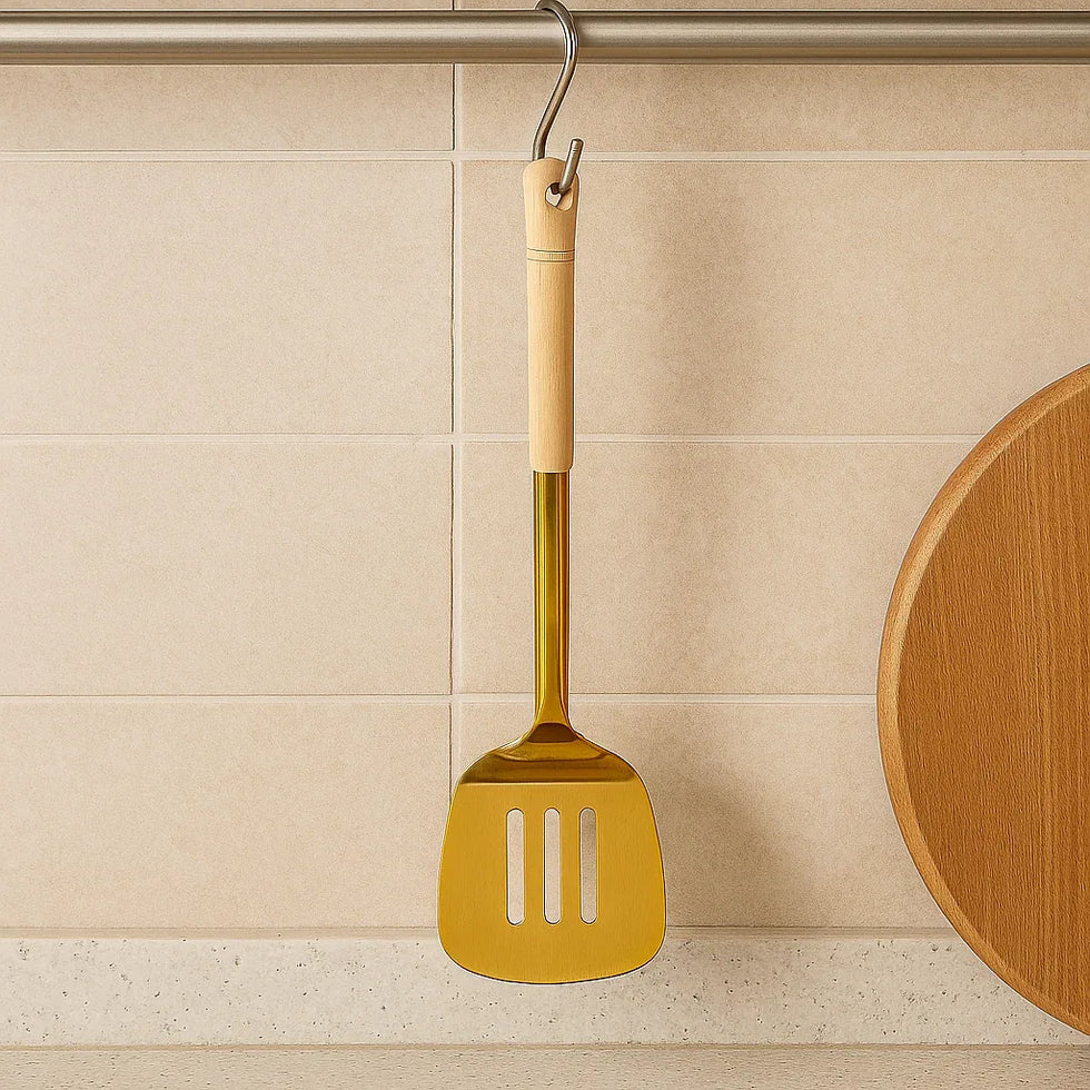 Stainless Steel Golden Turner Spatula with Wooden Handle – Premium Kitchen Tool - Clarify.pk