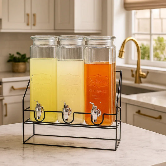 3 Jar Glass Beverage Server - Stylish Drink Dispenser - Clarify.pk