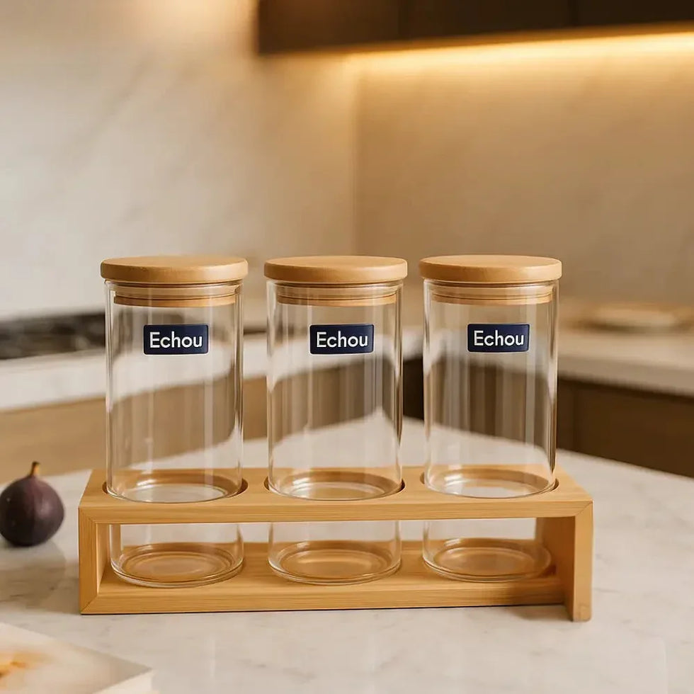 Airtight Glass Jar Set with Bamboo Rack - Clarify.pk
