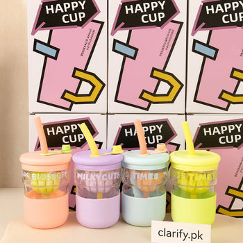 Happy Glass Cup with Flower Lid & Straw – Cute Portable Drinking Cup - Clarify.pk