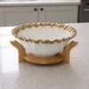 Premium Scalloped Gold-Trimmed Ceramic Fruit Bowl – 8" Aesthetic Centerpiece with Natural Wood Stand - Trenducts.pk