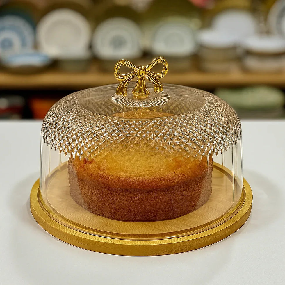 Cake Dish with Acrylic Cover – Bamboo Wooden Base - Clarify.pk