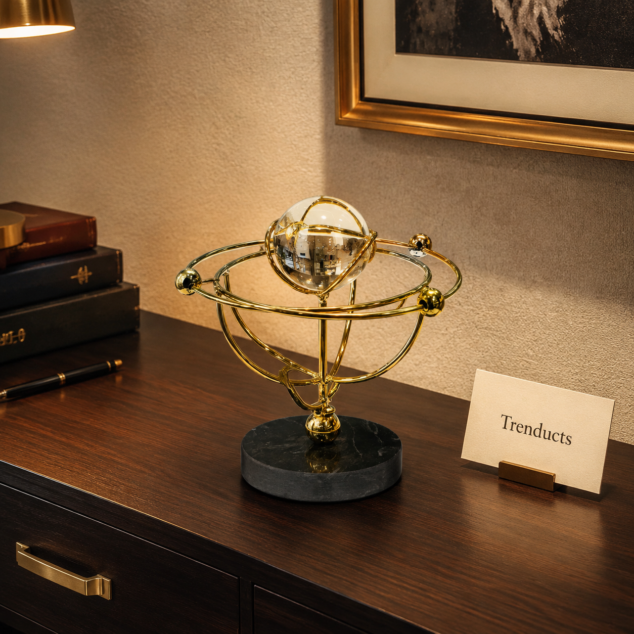 Golden Orbital Clear Sphere Table Sculpture