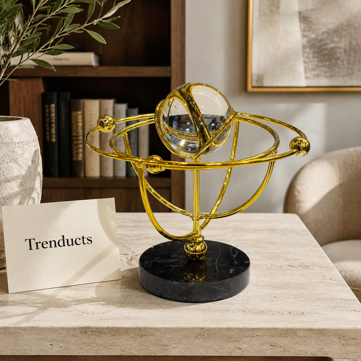 Golden Orbital Clear Sphere Table Sculpture