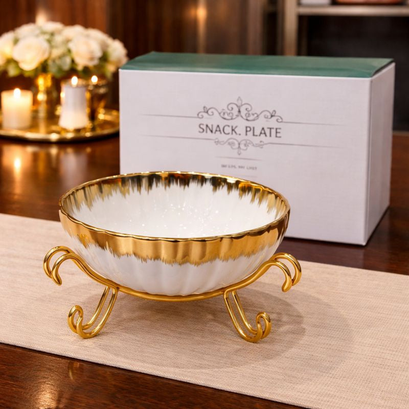 Luxury Gold-Trimmed Scalloped Ceramic Snack Bowl – Elegant Centerpiece with Golden Metal Stand - Trenducts.pk