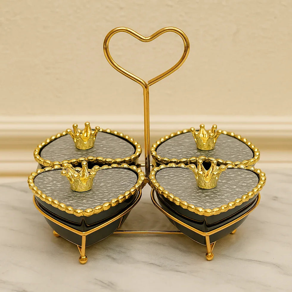 Luxury 4 Pcs Ceramic Bowl Set – Golden Stand & Crown Lids - Clarify.pk