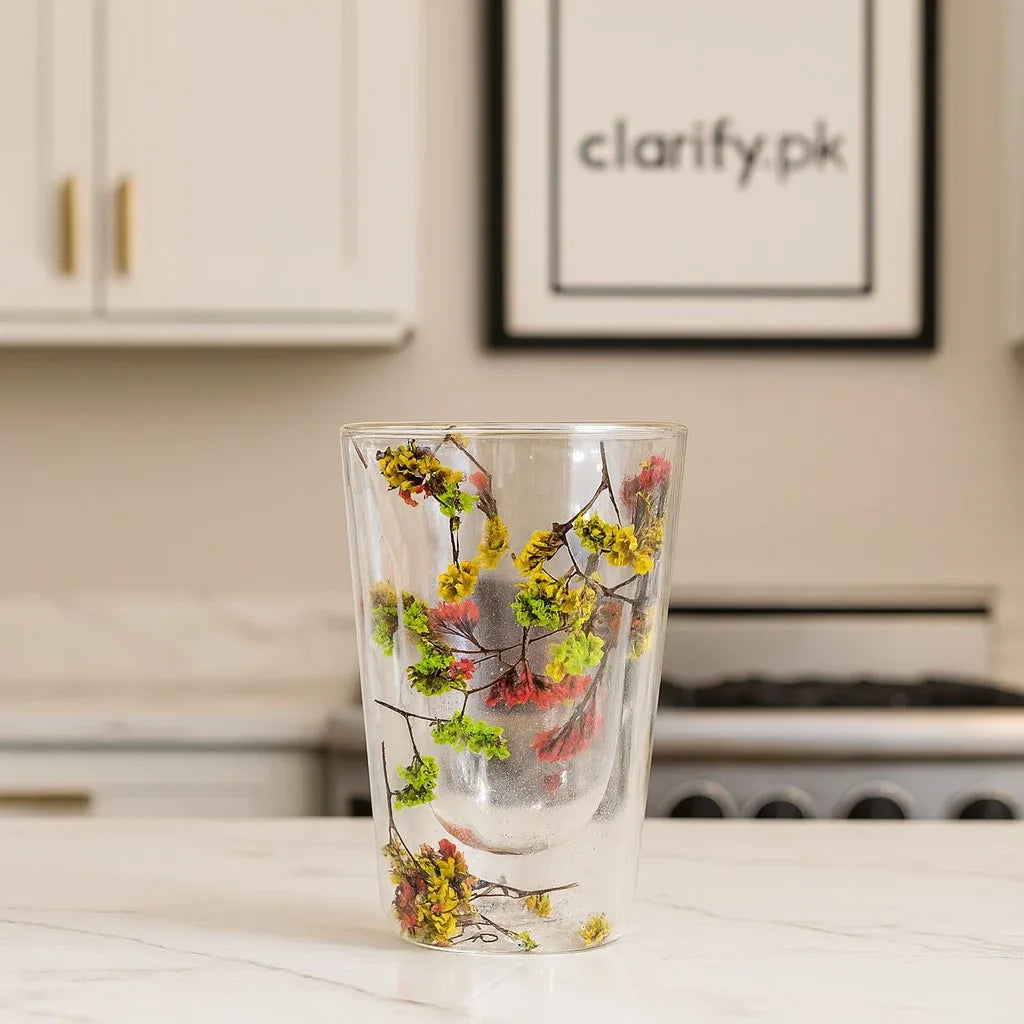 Premium Floral Double Wall Glass Cup – Heat Resistant - Clarify.pk