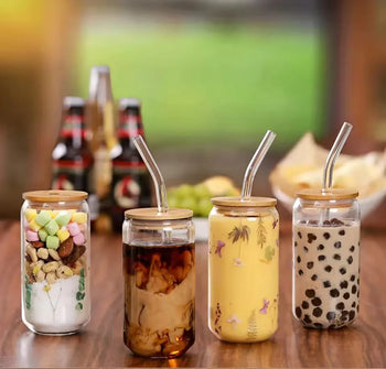 Mason Jar with Wooden Lid & Straw – Round Glass Cup - Clarify.pk