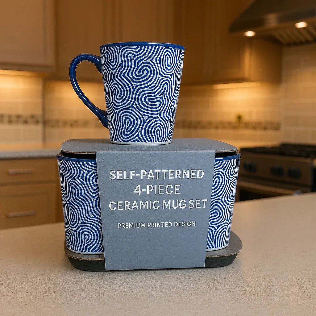 Premium 4-Piece Blue Maze Ceramic Mug Set – Stylish & Durable (Random Print) - Clarify.pk