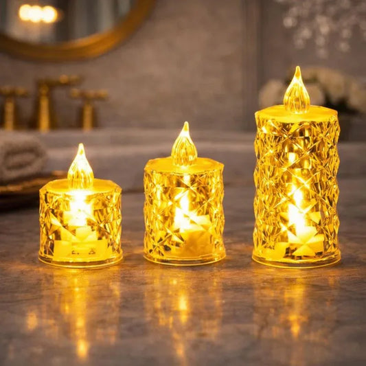 Crystal LED Flameless Candle Set (3 Pcs) – Warm Glow Decorative Table Lights - Clarify.pk
