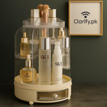 360° Rotating Cosmetics Organizer – Large Capacity Makeup Storage - Clarify.pk