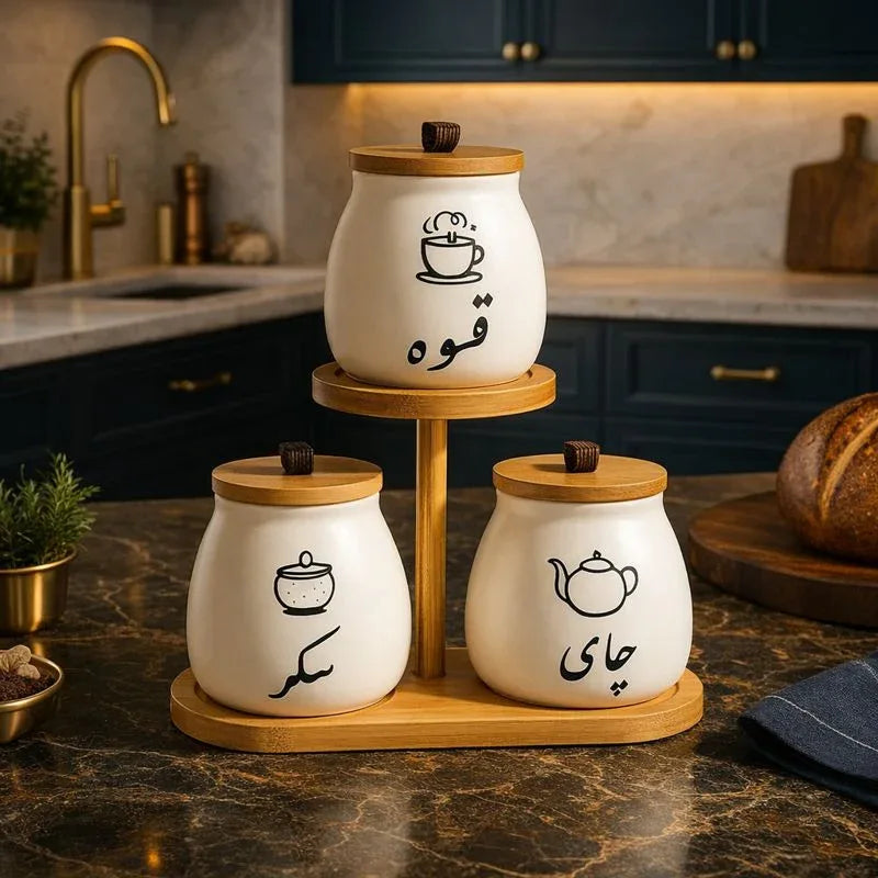 عربی چائے کافی شوگر سیرامک ​​کنستر لکڑی کے ریک کے ساتھ سیٹ