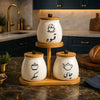 Arabic Tea Coffee Sugar Ceramic Canister Set with Wooden Rack - Clarify.pk