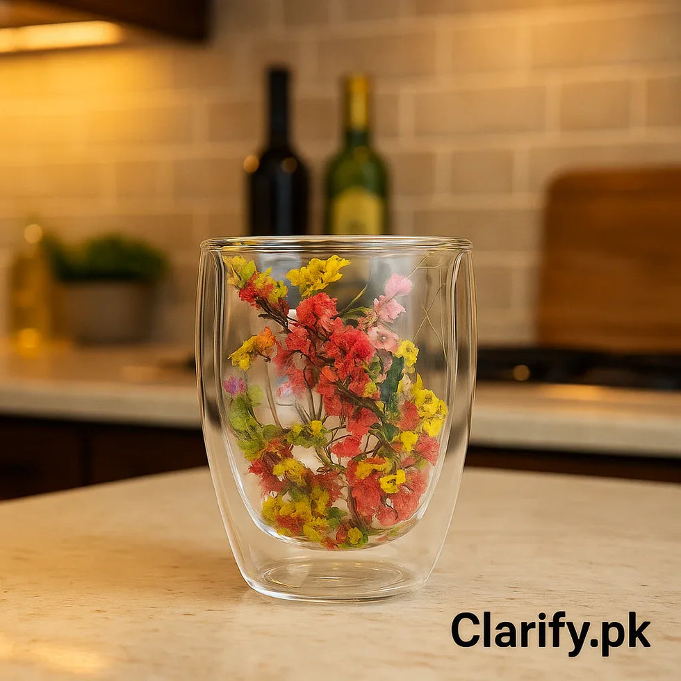 Luxury Dual-Color Floral Glass Cup – Double Wall Insulated Design - Clarify.pk