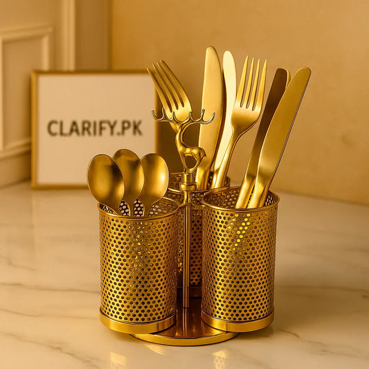 Golden Stainless Steel Cutlery Holder – 3-Section Organizer with Deer Handle - Clarify.pk
