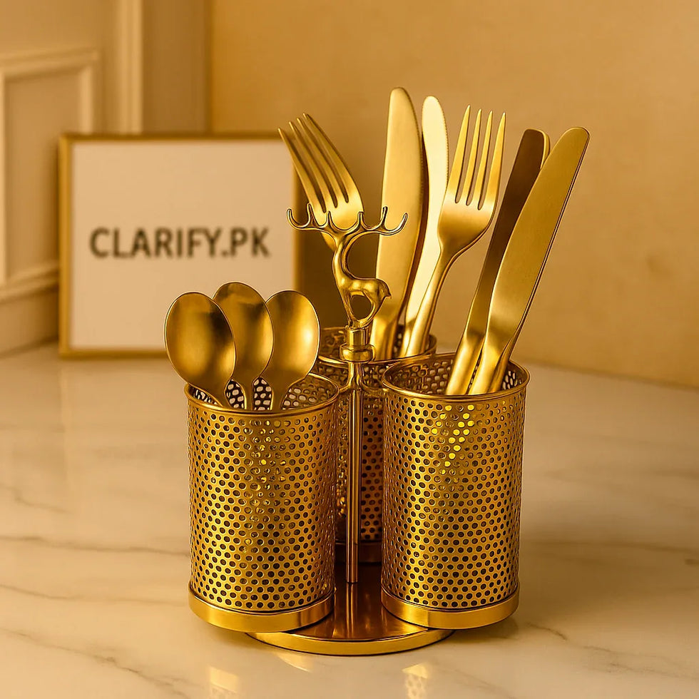 Golden Stainless Steel Cutlery Holder – 3-Section Organizer with Deer Handle - Clarify.pk
