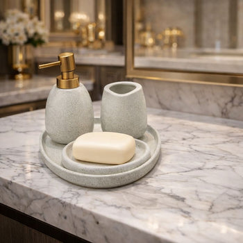 Luxury 4-Piece Stone-Textured Ceramic Bathroom Set – Modern Minimalist Set with Gold Pump - Trenducts.pk