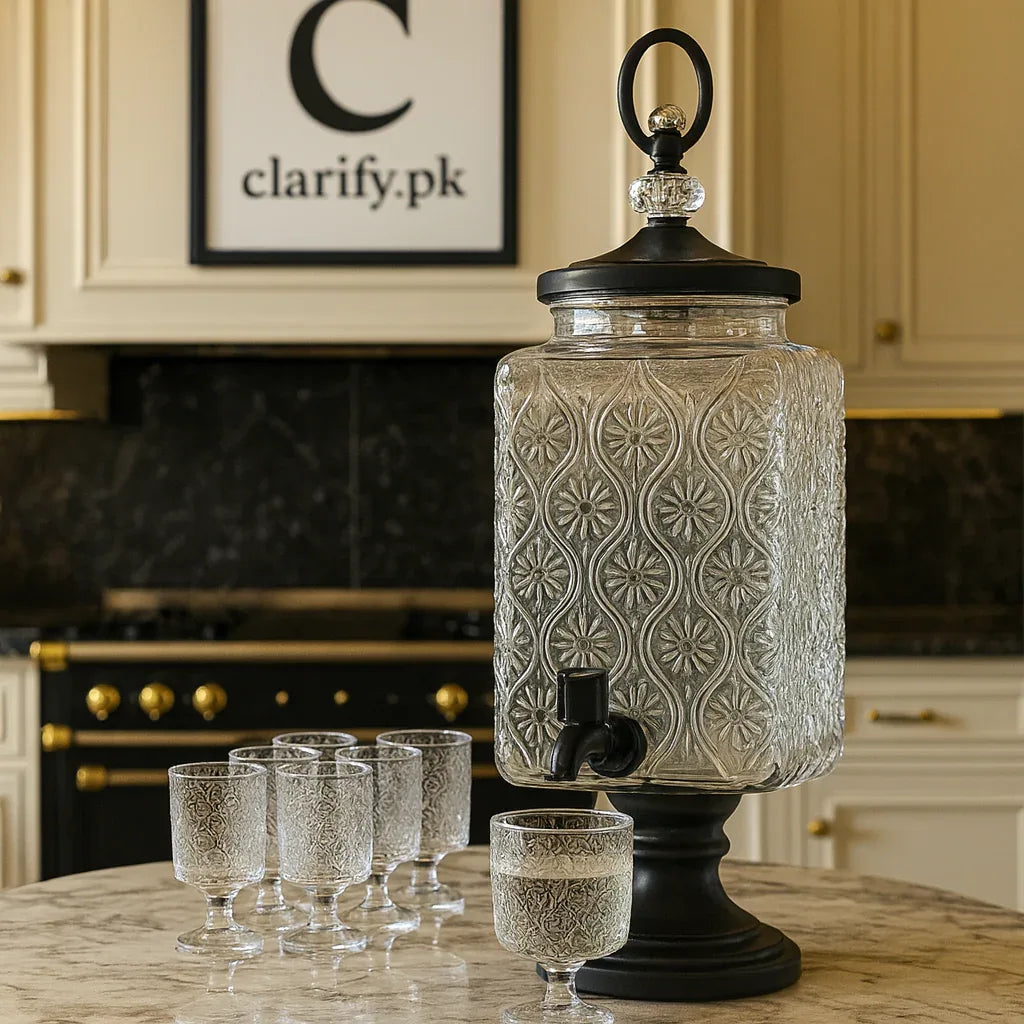3L Glass Beverage Dispenser with 6 Glasses – Floral Design - Clarify.pk