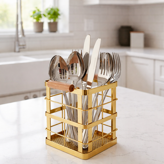 Artisan Gold Cutlery Holder – Luxury Wood & Metal Organizer JS