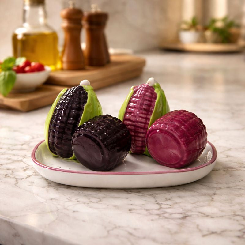 Purple Corn Salt & Pepper Set – Ceramic Shakers with Porcelain Tray - Trenducts.pk